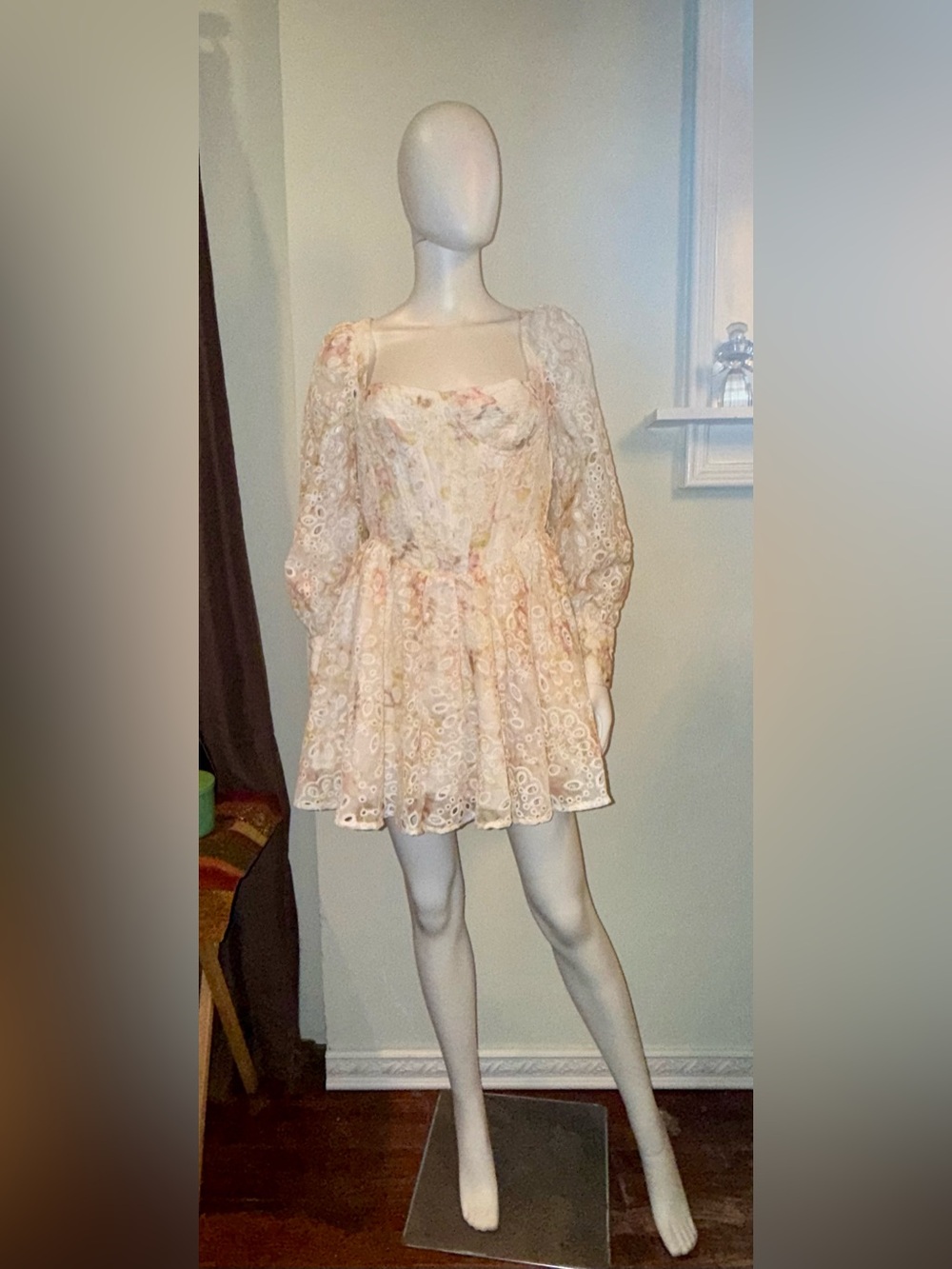 Bardot Cream Eyelet Lila Broderie Floral Mini Dress with Puff Sleeves